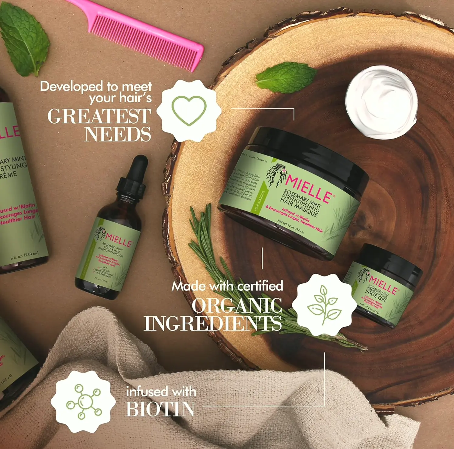 Mielle Rosemary Mint Strengthening Mask, Oil & Vitamin B7 Deep Treatment, Restore for Dry, Damaged, & Frizzy Hair, 12 Ounces