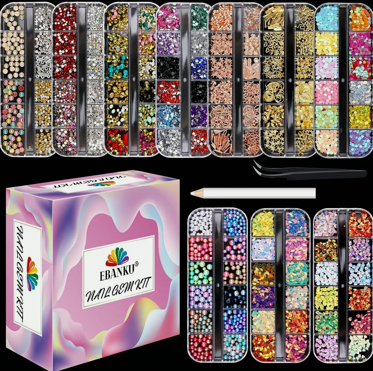 ECANKU 10 Boxes Nail Design Gems