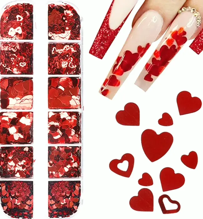 Valentine Nail Glitter Kit 12 Grids Heart Decoration