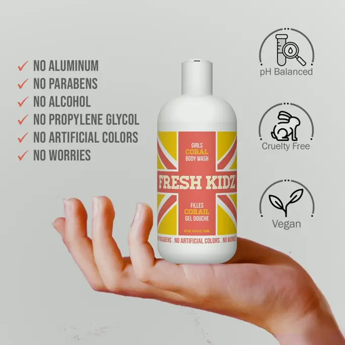 Pure Kidz Shower Wash for Children & Teens - Gentle Cleanser - Girls "Coral", 16.9 Fl.Oz