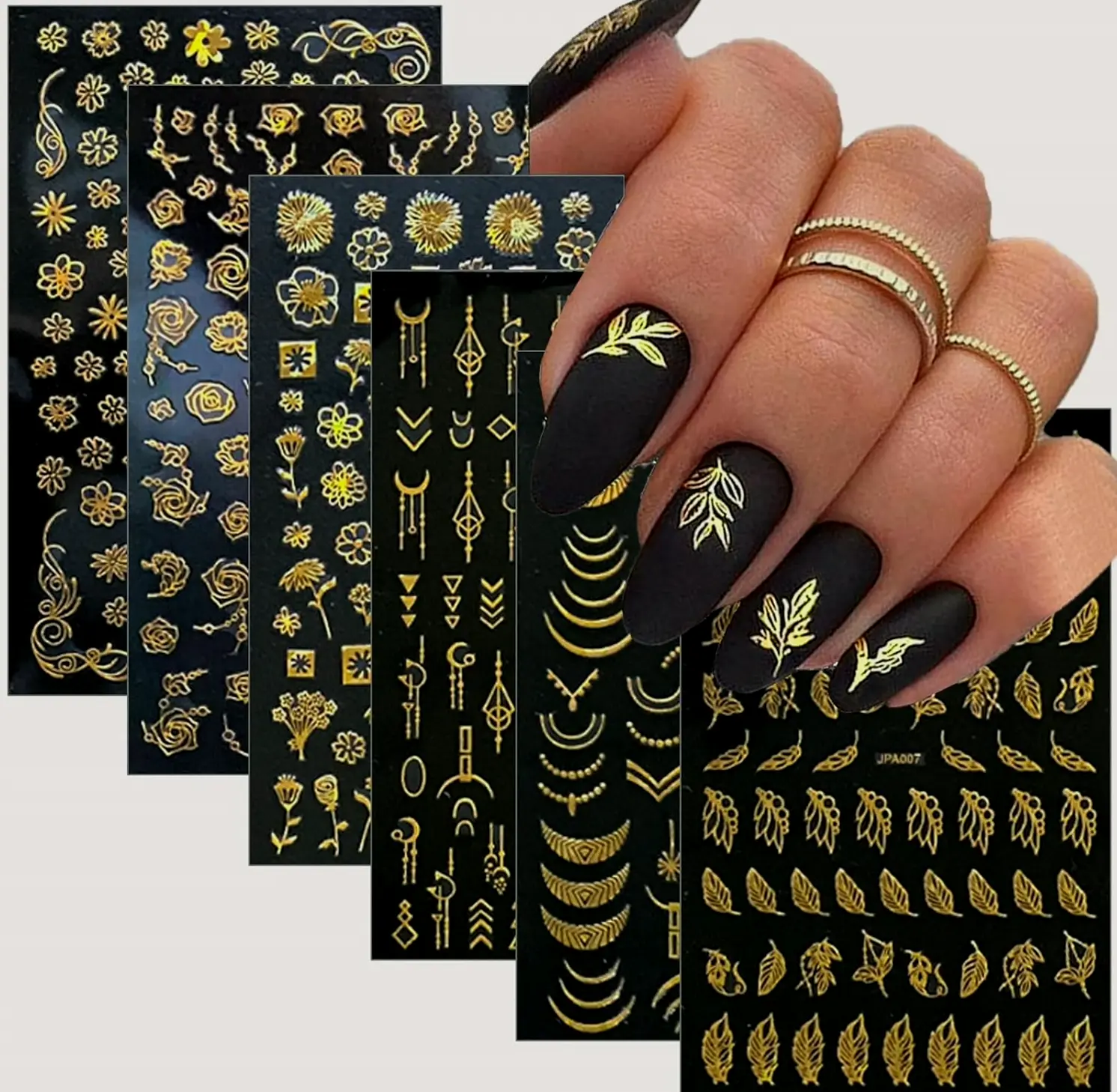 Set Golden Nail Decals 3D Sticky Flower Leaf Design DIY Decoration