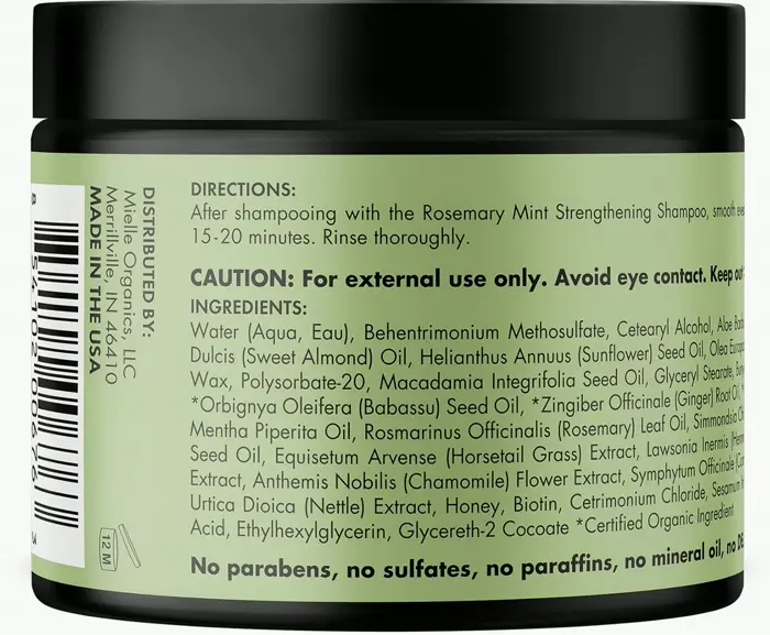Mielle Rosemary Mint Strengthening Mask, Oil & Vitamin B7 Deep Treatment, Restore for Dry, Damaged, & Frizzy Hair, 12 Ounces