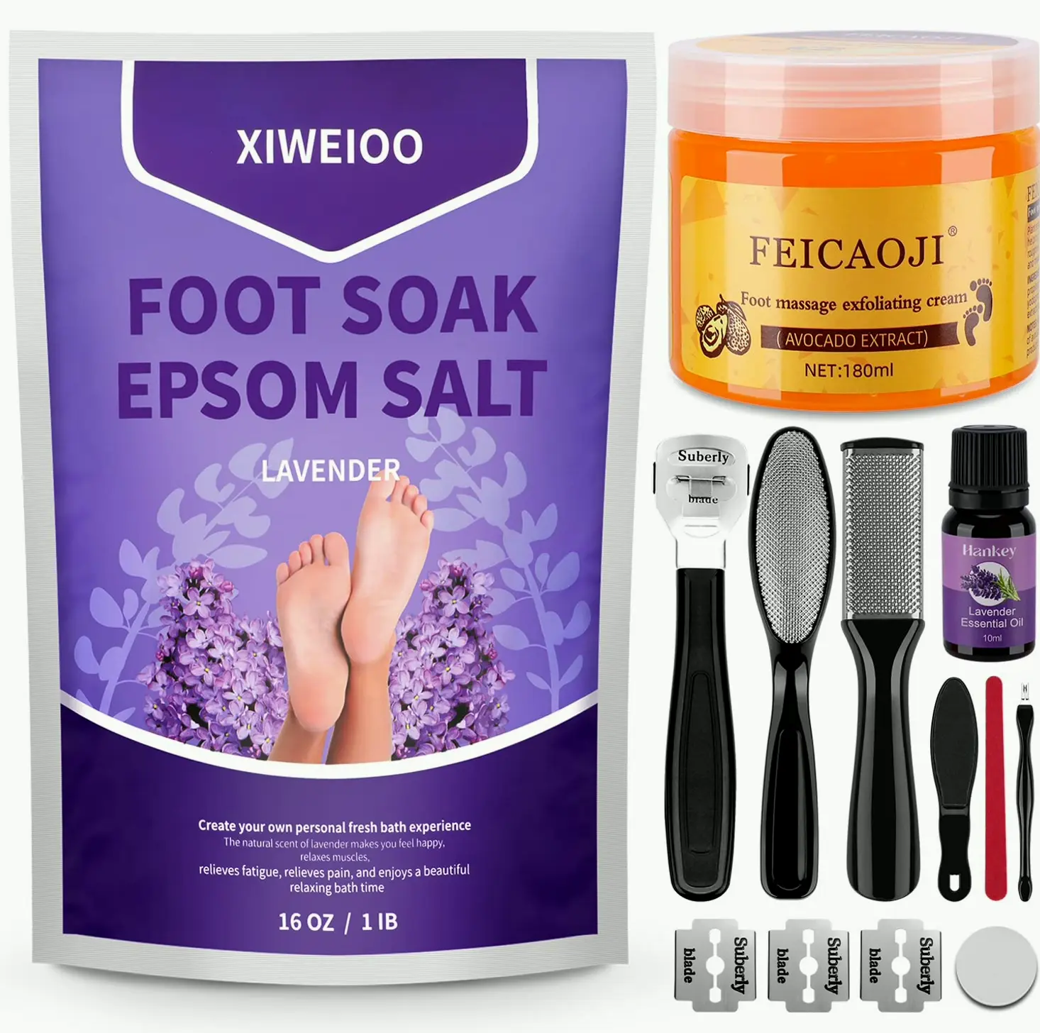 Lavender Foot Soak Salts Set - Pedicure Tool