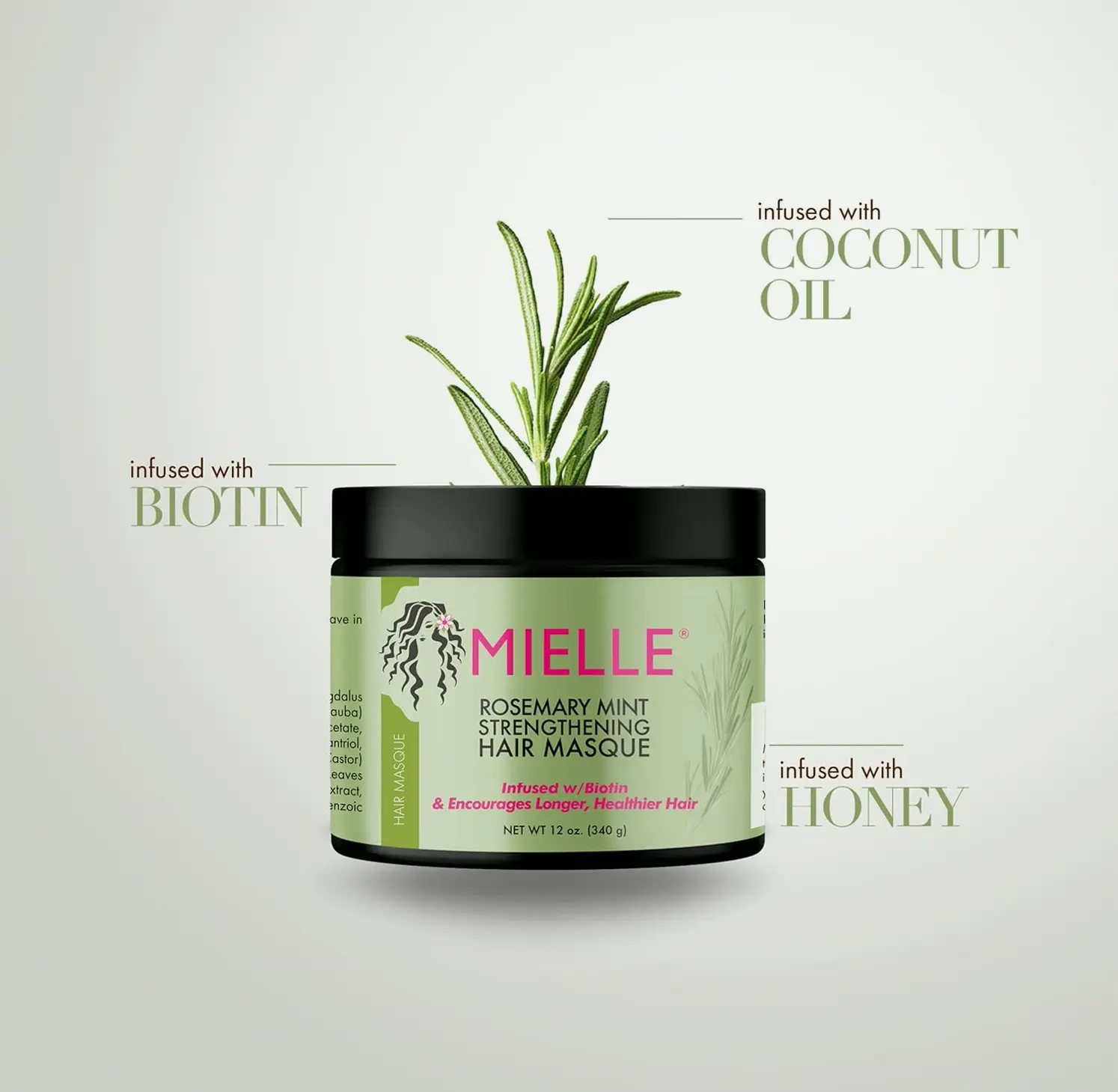 Mielle Rosemary Mint Strengthening Mask, Oil & Vitamin B7 Deep Treatment, Restore for Dry, Damaged, & Frizzy Hair, 12 Ounces