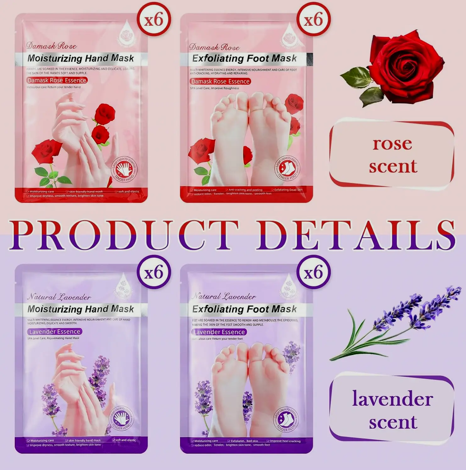 Twenty-Four Pieces Hand and Sole Spa Masks for Girls, Rose-scented and Lavender-scented