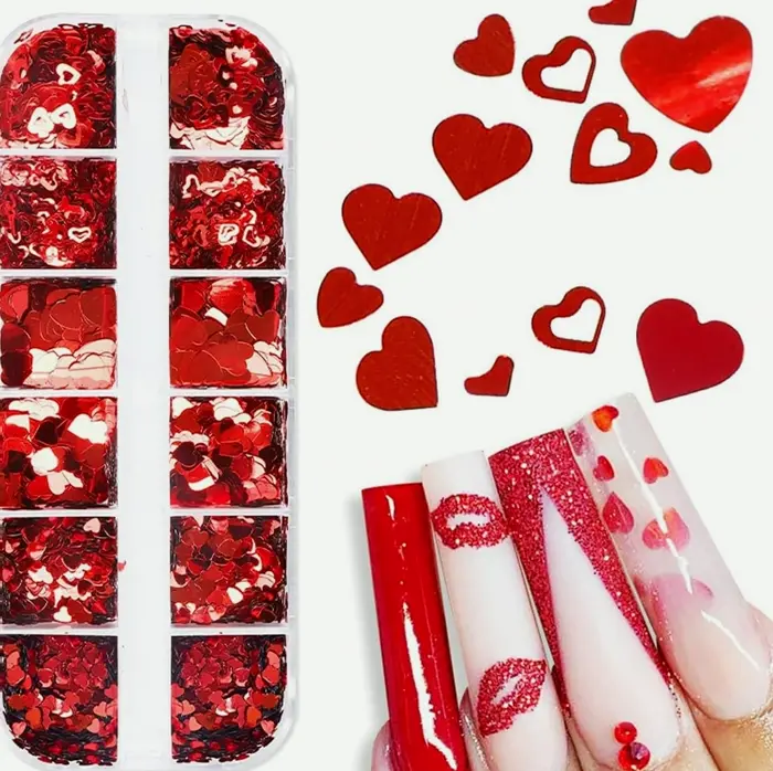 Love Nail Sequins Kit 12 Grids Heart Decoration